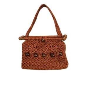 Vintage 70's Macrame Handbag w/ Wood Beads